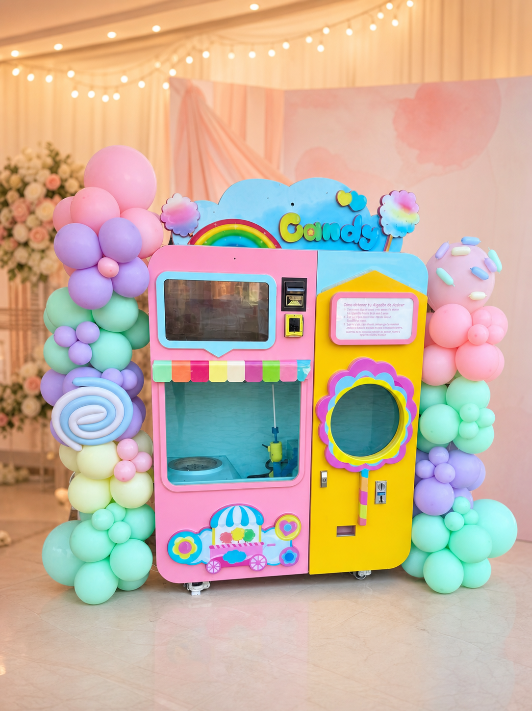 Máquina Cotton Sare integrada en una celebración de tonos pastel